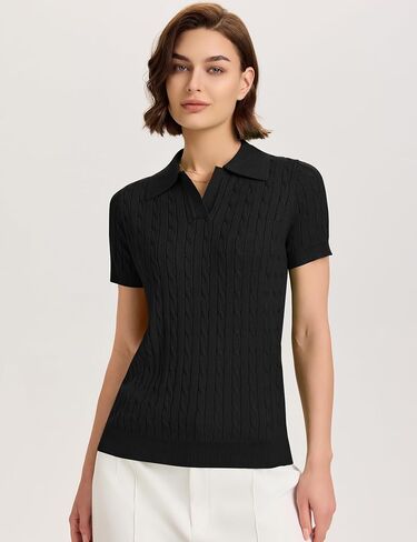 Micoson Womens Short Sleeve Sweater Tops Lapel v Neck Strafle Dorts 2025 Summer Cable Knit Business Discal in Kuwait