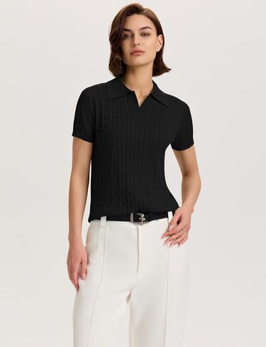 Micoson Womens Short Sleeve Sweater Tops Lapel v Neck Strafle Dorts 2025 Summer Cable Knit Business Discal in Kuwait