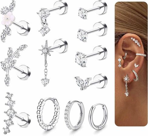 LOLIAS 16 Gauge Cartilage Earrings for Women Flat Back-Hypoallergenic Surgical Stainless Steel Stud Hoop Cartilage Earring Set Daith Conch Tragus Helix Piercing Jewelry Single PC in Saudi Arabia
