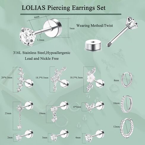 LOLIAS 16 Gauge Cartilage Earrings for Women Flat Back-Hypoallergenic Surgical Stainless Steel Stud Hoop Cartilage Earring Set Daith Conch Tragus Helix Piercing Jewelry Single PC in Saudi Arabia