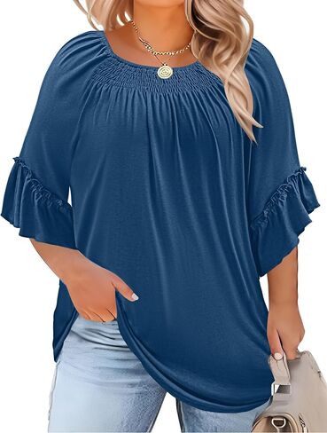 Micoson Womens Plus Size Tops 3/4 Ruffle Sleeve Shirts Crewneck Pleated Blouses Dressy Casual Fashion Tunic Top (1X-5X) in Kuwait
