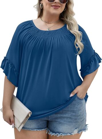 Micoson Womens Plus Size Tops 3/4 Ruffle Sleeve Shirts Crewneck Pleated Blouses Dressy Casual Fashion Tunic Top (1X-5X) in Kuwait