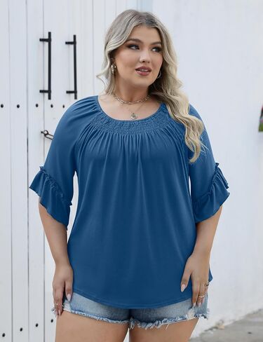 Micoson Womens Plus Size Tops 3/4 Ruffle Sleeve Shirts Crewneck Pleated Blouses Dressy Casual Fashion Tunic Top (1X-5X) in Kuwait