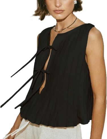 POHADON Womens Y2k Vest Tank Tops Cute Ruffle Cotton Linen Tie Front Shirt Going Out Pleated Summer Cute Lace Up Clothes in Kuwait