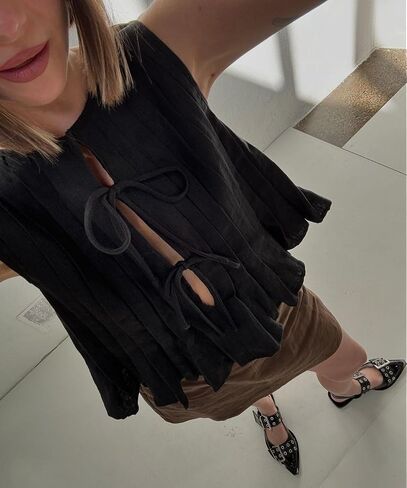 POHADON Womens Y2k Vest Tank Tops Cute Ruffle Cotton Linen Tie Front Shirt Going Out Pleated Summer Cute Lace Up Clothes in Kuwait