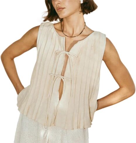 POHADON Womens Y2k Vest Tank Tops Cute Ruffle Cotton Linen Tie Front Shirt Going Out Pleated Summer Cute Lace Up Clothes in Kuwait