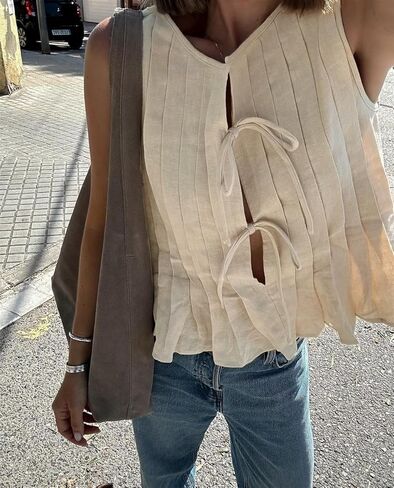 POHADON Womens Y2k Vest Tank Tops Cute Ruffle Cotton Linen Tie Front Shirt Going Out Pleated Summer Cute Lace Up Clothes in Kuwait