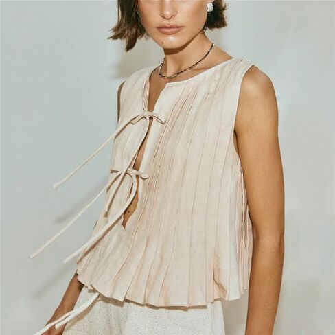 POHADON Womens Y2k Vest Tank Tops Cute Ruffle Cotton Linen Tie Front Shirt Going Out Pleated Summer Cute Lace Up Clothes in Kuwait