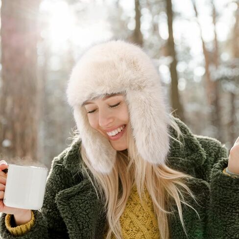 Peicees Winter Fur Hats for Women Ladies Russian Ushanka Furry Trapper Hat with Ear Flaps Warmer Fuzzy Warm Black White in Kuwait