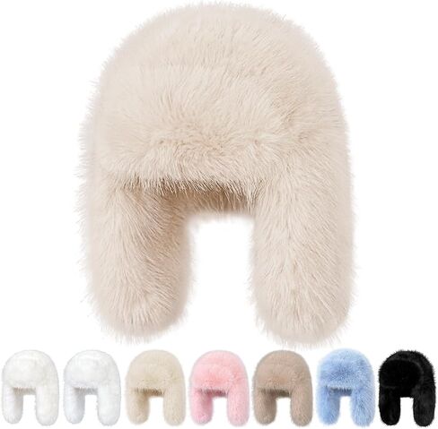 Peicees Winter Fur Hats for Women Ladies Russian Ushanka Furry Trapper Hat with Ear Flaps Warmer Fuzzy Warm Black White in Kuwait