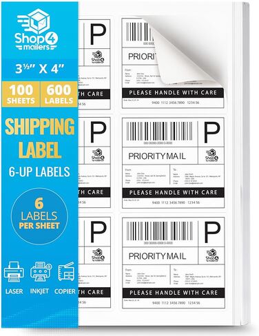 Shop4Mailers 6-Up White Permanent Self Adhesive Shipping Labels 3 1/3" x 4" Easy Peel Stickers for Laser & Inkjet Printers - 100 Sheets - 600 Count Labels in Kuwait