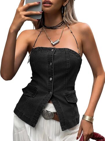 Cicy Bell Womens Brandless Denim Vest Stest Button Down Jean Tube Tops y2k الخروج in Kuwait