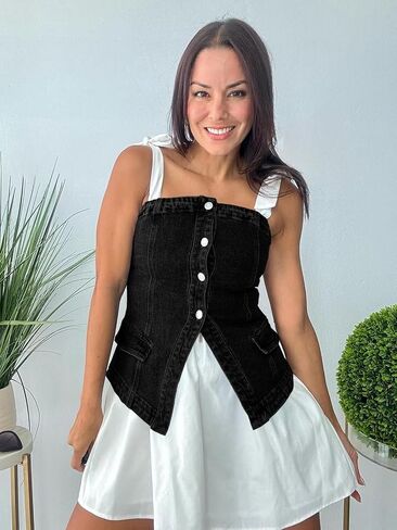 Cicy Bell Womens Brandless Denim Vest Stest Button Down Jean Tube Tops y2k الخروج in Kuwait