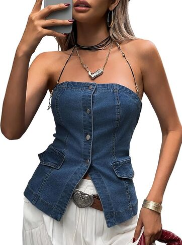 Cicy Bell Womens Brandless Denim Vest Stest Button Down Jean Tube Tops y2k الخروج in Kuwait