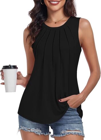 syoss Women's Summer Tank Tops Pleated Round Neck Sleeveless Tops in Kuwait