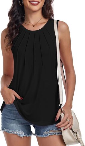 syoss Women's Summer Tank Tops Pleated Round Neck Sleeveless Tops in Kuwait