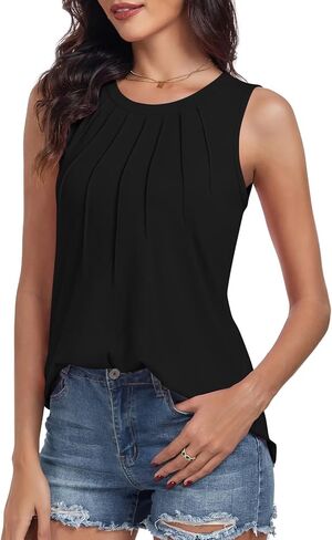 syoss Women's Summer Tank Tops Pleated Round Neck Sleeveless Tops in Kuwait
