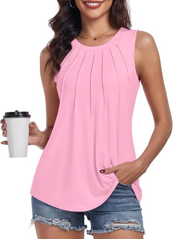 syoss Women's Summer Tank Tops Pleated Round Neck Sleeveless Tops in Kuwait