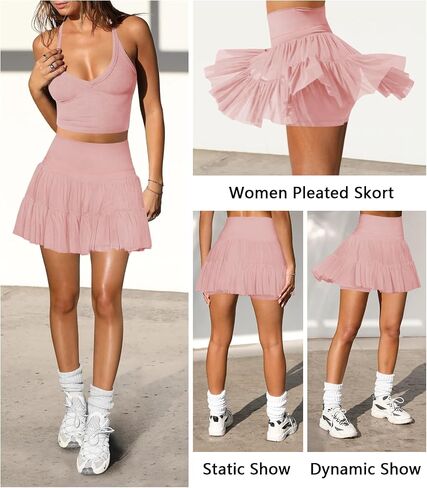 Women's Mini Skirt Skort Flowy Pleated High Waisted Ruffle Tennis Skirts for Women Athletic Skater Golf with Shorts Pockets in Saudi Arabia