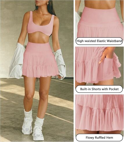 Women's Mini Skirt Skort Flowy Pleated High Waisted Ruffle Tennis Skirts for Women Athletic Skater Golf with Shorts Pockets in Saudi Arabia
