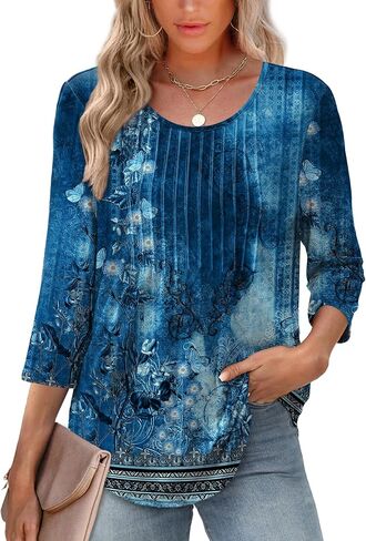 XIEERDUO 3/4 Length Sleeve Tops for Women 2025 Crewneck Casual Pleated Tunic Tops Loose Fit Shirts Blouses in Saudi Arabia