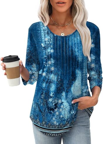 XIEERDUO 3/4 Length Sleeve Tops for Women 2025 Crewneck Casual Pleated Tunic Tops Loose Fit Shirts Blouses in Saudi Arabia