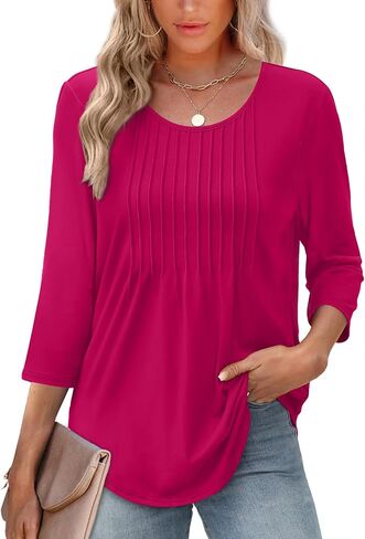 XIEERDUO 3/4 Length Sleeve Tops for Women 2025 Crewneck Casual Pleated Tunic Tops Loose Fit Shirts Blouses in Saudi Arabia