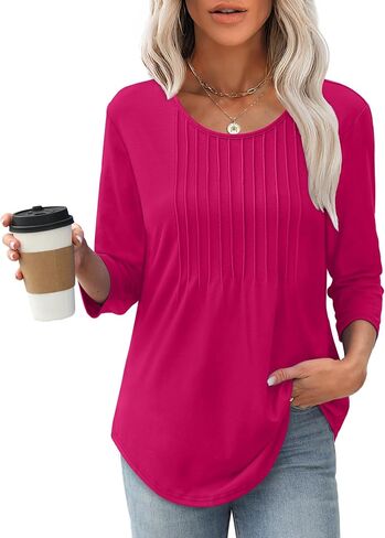 XIEERDUO 3/4 Length Sleeve Tops for Women 2025 Crewneck Casual Pleated Tunic Tops Loose Fit Shirts Blouses in Saudi Arabia
