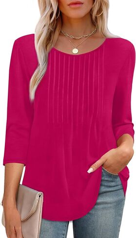 XIEERDUO 3/4 Length Sleeve Tops for Women 2025 Crewneck Casual Pleated Tunic Tops Loose Fit Shirts Blouses in Saudi Arabia