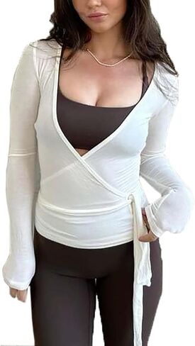 Ballet Wrap Top for Women Pilates Yoga Workout Slim Fit Front Cross Tie Shirts Long Sleeve Shrug Cover Up Dance Top in Kuwait