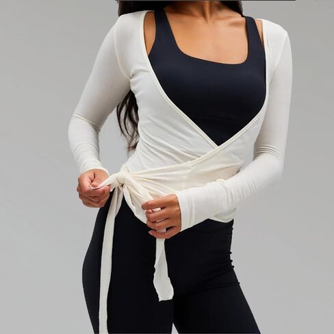 Ballet Wrap Top for Women Pilates Yoga Workout Slim Fit Front Cross Tie Shirts Long Sleeve Shrug Cover Up Dance Top in Kuwait