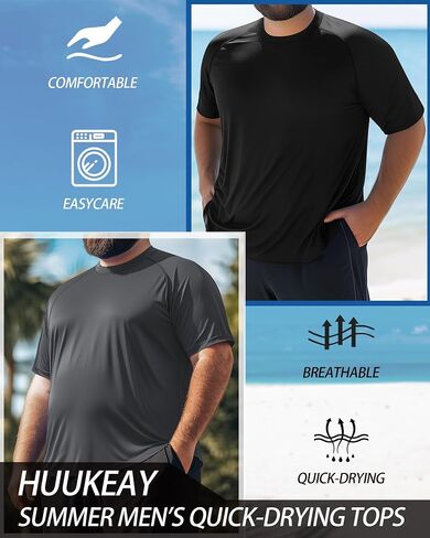 Huukeay 3 Pack Men's Big and Tall Swim Shirts,UPF 50+ Sun Protection Rash Guard Quick Dry Beach Fishing Water Tops in Kuwait