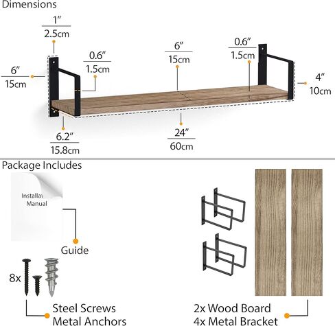 wallniture colmar 48 "أرفف عائمة ريفية لديكور غرفة المعيشة، رف كتب الحائط، رف عائم للمطبخ، أرفف مثبتة على الحائط للمكتب، أرفف حائط لديكور غرفة النوم، مجموعة محترقة من 2 in Saudi Arabia