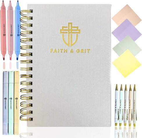 FAITH & GRIT - Boutique Bible Study Supplies or Bible Journal Kit with Tools for Note Taking That Include Bible highlighters, Luxury pens, Transparent Sticky Notes, and A5 Linen Linen Journal (Pink) in Saudi Arabia