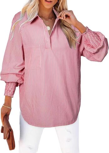 Astylish Women 2025 Fine Striped Smocked Cuffed Henley Shirts Long Sleeve Collared Blouse Tops with Pocket in Saudi Arabia