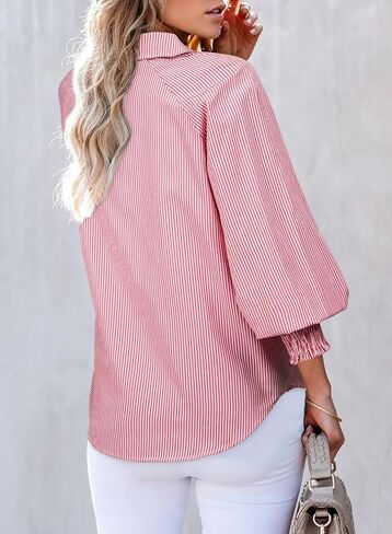 Astylish Women 2025 Fine Striped Smocked Cuffed Henley Shirts Long Sleeve Collared Blouse Tops with Pocket in Saudi Arabia