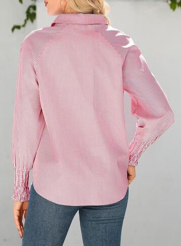Astylish Women 2025 Fine Striped Smocked Cuffed Henley Shirts Long Sleeve Collared Blouse Tops with Pocket in Saudi Arabia