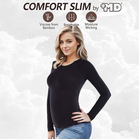 +MD Womens Long Sleeve Lundershirtts Tops ، Bamboo Round Neck Slim Fit Baselayer ، ملابس داخلية حرارية ناعمة ، ضغط خفيف in Kuwait