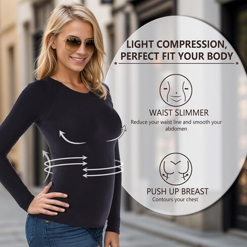 +MD Womens Long Sleeve Lundershirtts Tops ، Bamboo Round Neck Slim Fit Baselayer ، ملابس داخلية حرارية ناعمة ، ضغط خفيف in Kuwait
