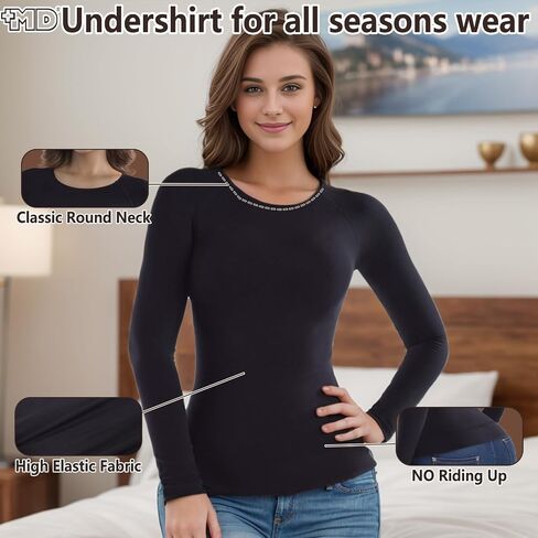 +MD Womens Long Sleeve Lundershirtts Tops ، Bamboo Round Neck Slim Fit Baselayer ، ملابس داخلية حرارية ناعمة ، ضغط خفيف in Kuwait