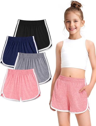 BOOPH 4 Packs Girls Shorts Quick Dry Kids Athletic Soccer Running Dolphin Shorts with Pockets in Saudi Arabia