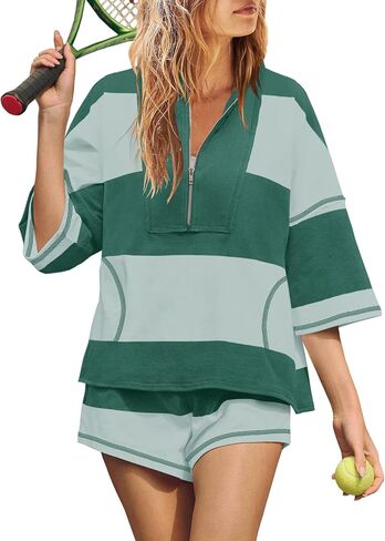 Yanekop Womens 2 قطعة ملابس صيف مخطط تجريب مجموعة كبيرة الحجم مطابقة مجموعات قميص Quarter Zip zip in Kuwait