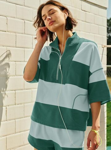 Yanekop Womens 2 قطعة ملابس صيف مخطط تجريب مجموعة كبيرة الحجم مطابقة مجموعات قميص Quarter Zip zip in Kuwait
