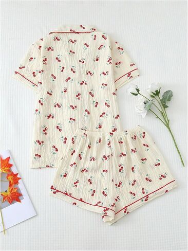 Verdusa Women's 2 Piece Pajama Set Matching Pjs Sets Cute Printed Sleepwear Button Up Shirt with Lounge Shorts Set in Saudi Arabia