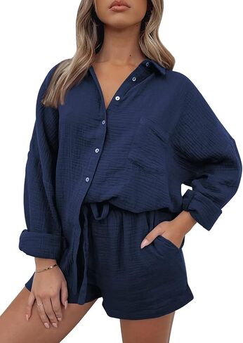 AUTOMET 2 Piece Sets For Women Lounge Wear Matching Two Piece Pajama Fashion Oversized Shirts And Shorts Spring Outfit 2025 in Saudi Arabia
