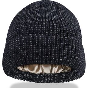 Babalet Reflective Beanie Hats for Women Men Adults High Visibility Safety Knitted Satin Lined Black Hat Cap
