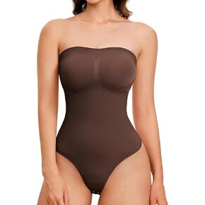 Strapless Thong Bodysuit for Women Seamless Tummy Control Shapewear Body Shaper -Removable Strap Tube Top Leotard