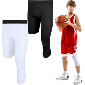 Hercicy 2 Packs Boys' Youth One Leg 3/4 Compression Tights for Basketball Capri Tights Athletic Base Layer Pants