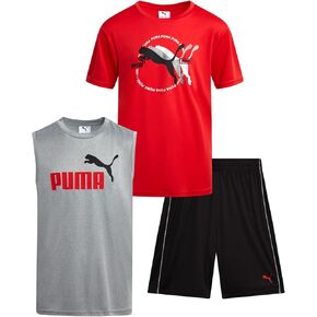 PUMA Boys' Active Shorts Set - 3 Piece Performance T-Shirt, Dry Fit Tank Top, and Gym Shorts - Activewear Set for Boys (4-16)
