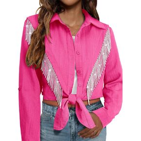 MYMORE Womens Rhinestone Fringe Cropped Button Down Shirt Rolled 3/4 Sleeve Tie Front Top Western Cowgirl Rodeo Outfit in Kuwait